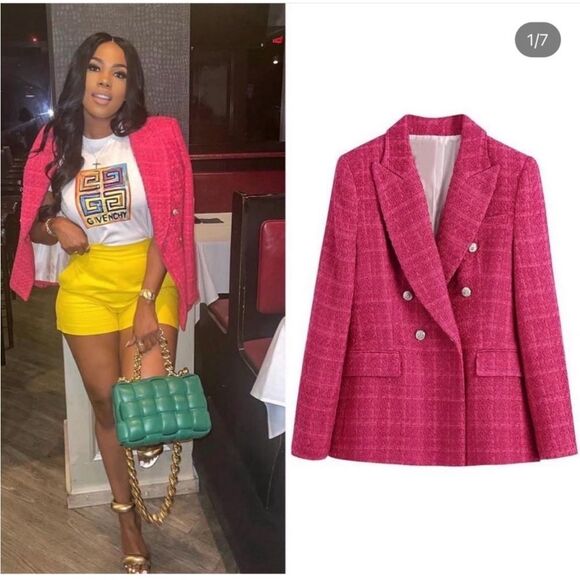 Blogger Fave Zara Textured Tweed Fuschia Pink Double Breasted Blazer Size XS - Picture 4 of 14